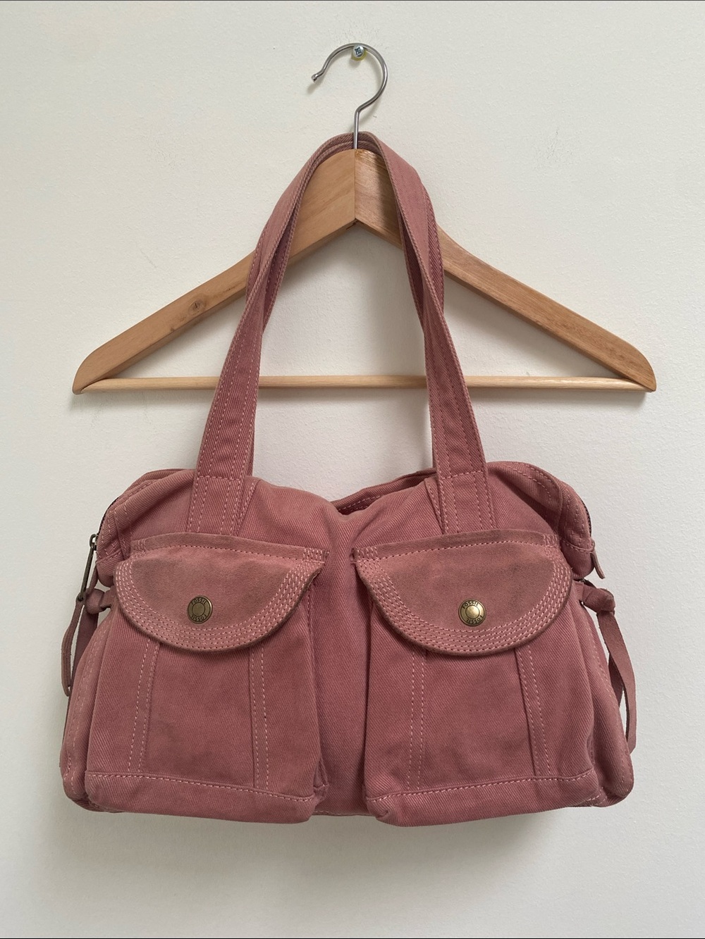 Fossil Dusty Rose Denim Shoulder Bag with Front Flap Pockets